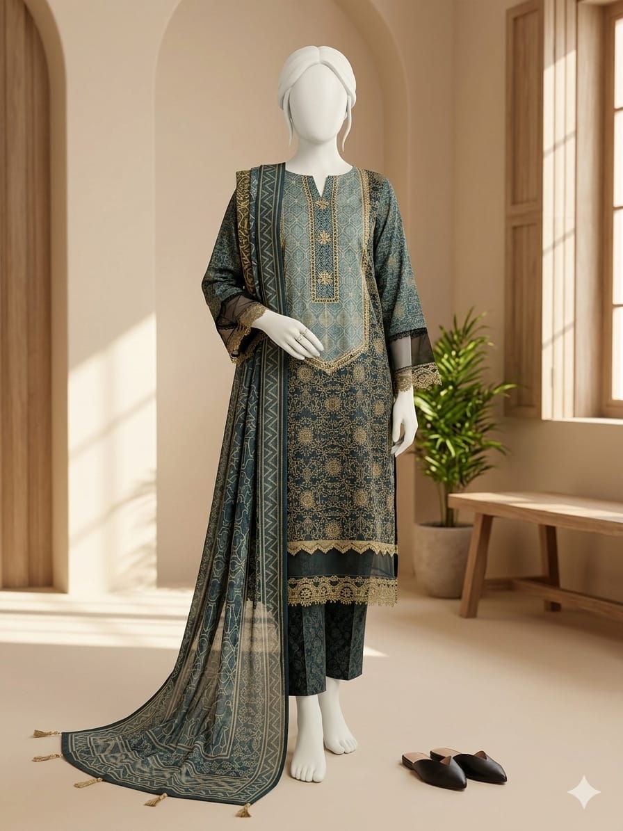 Traditional outfit with a long dress and dupatta on a mannequin in a bright room.
