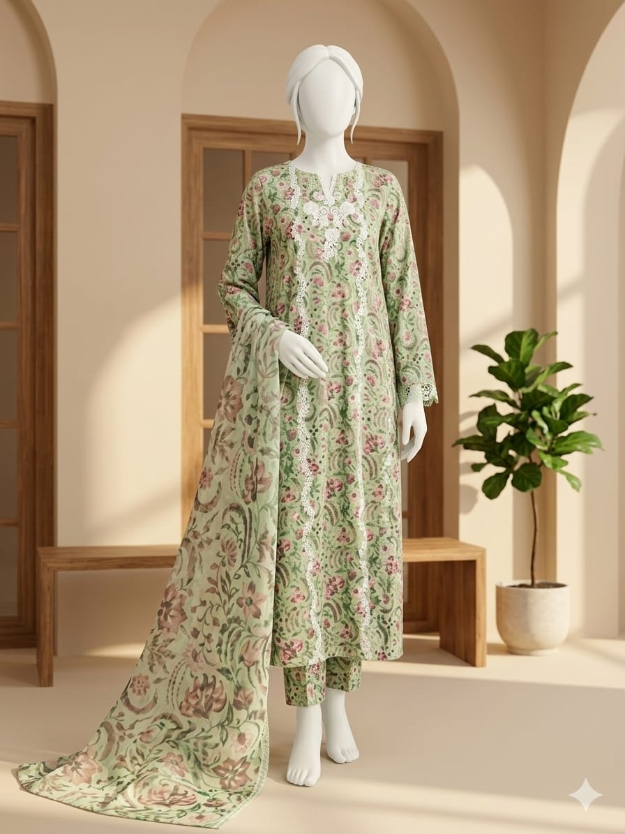 Teal traditional outfit with gold patterns on a mannequin against a neutral background 9684