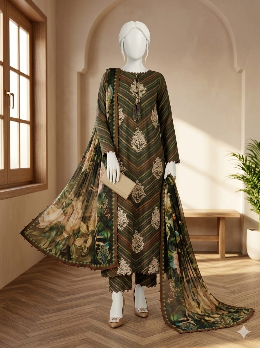 Teal traditional outfit with gold patterns on a mannequin against a neutral background 9685