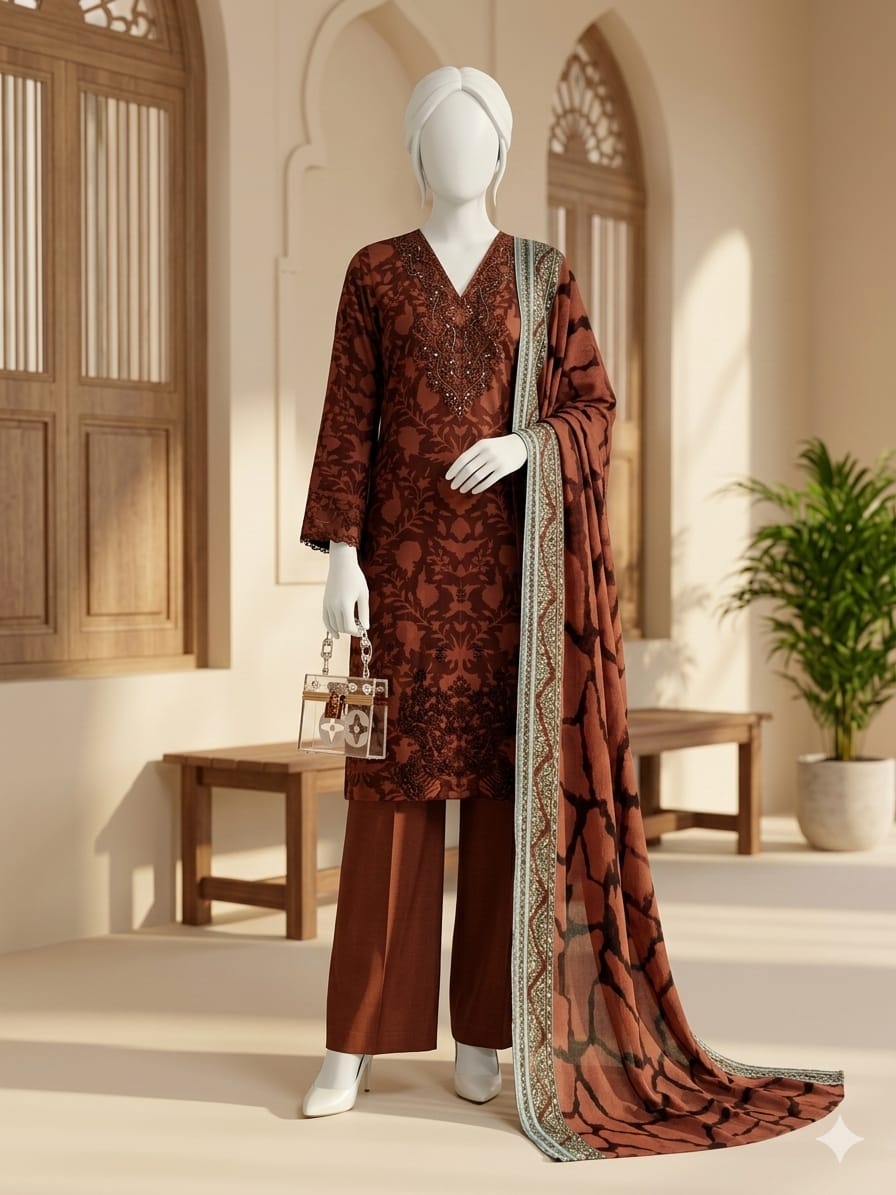Mannequin wearing a brown patterned outfit with a matching shawl in a decorative room.