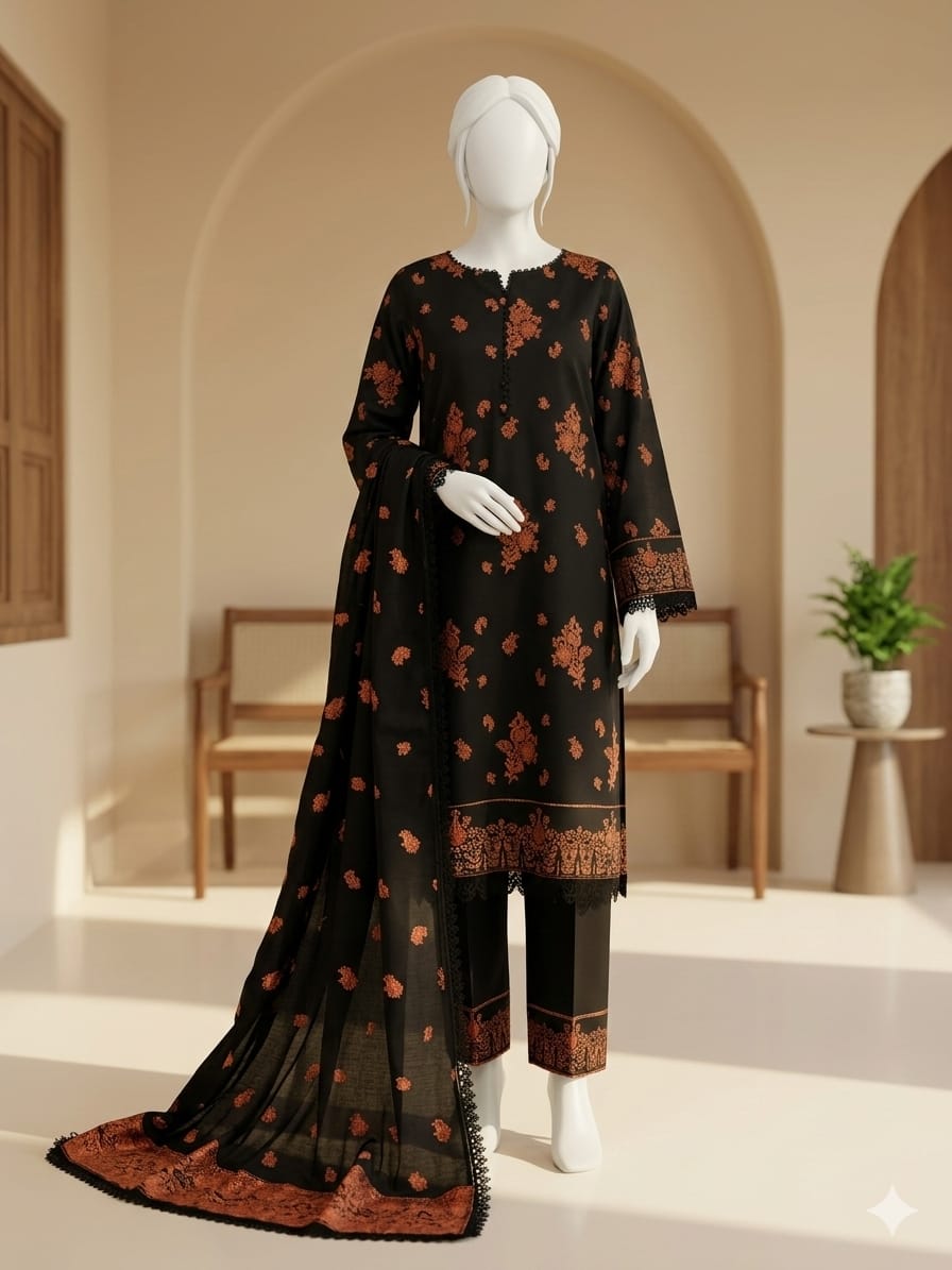 Black and brown floral embroidered outfit on a mannequin in a neutral setting