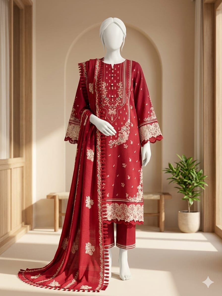 ed embroidered outfit on a mannequin in a bright room with a plant. 9691