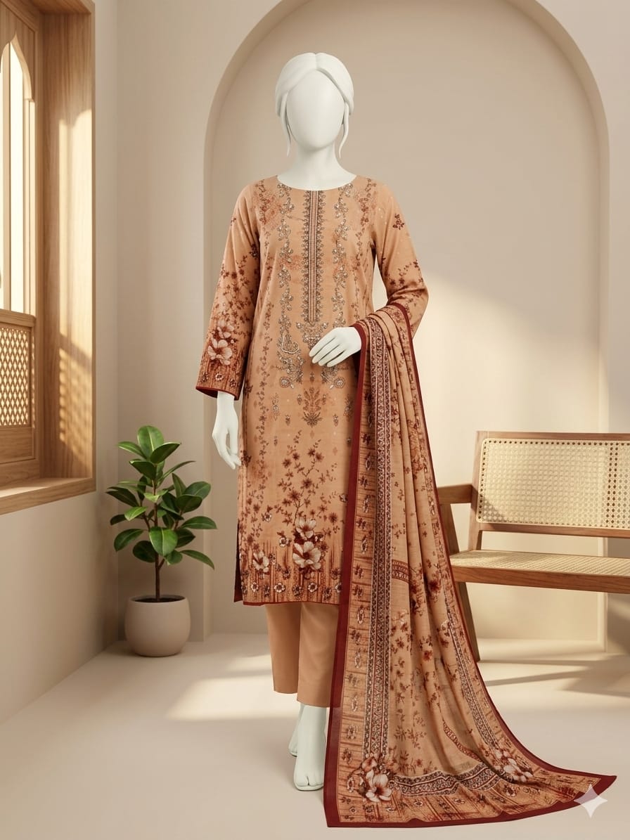 Mannequin wearing a brown embroidered outfit with a matching dupatta in a minimalistic room.