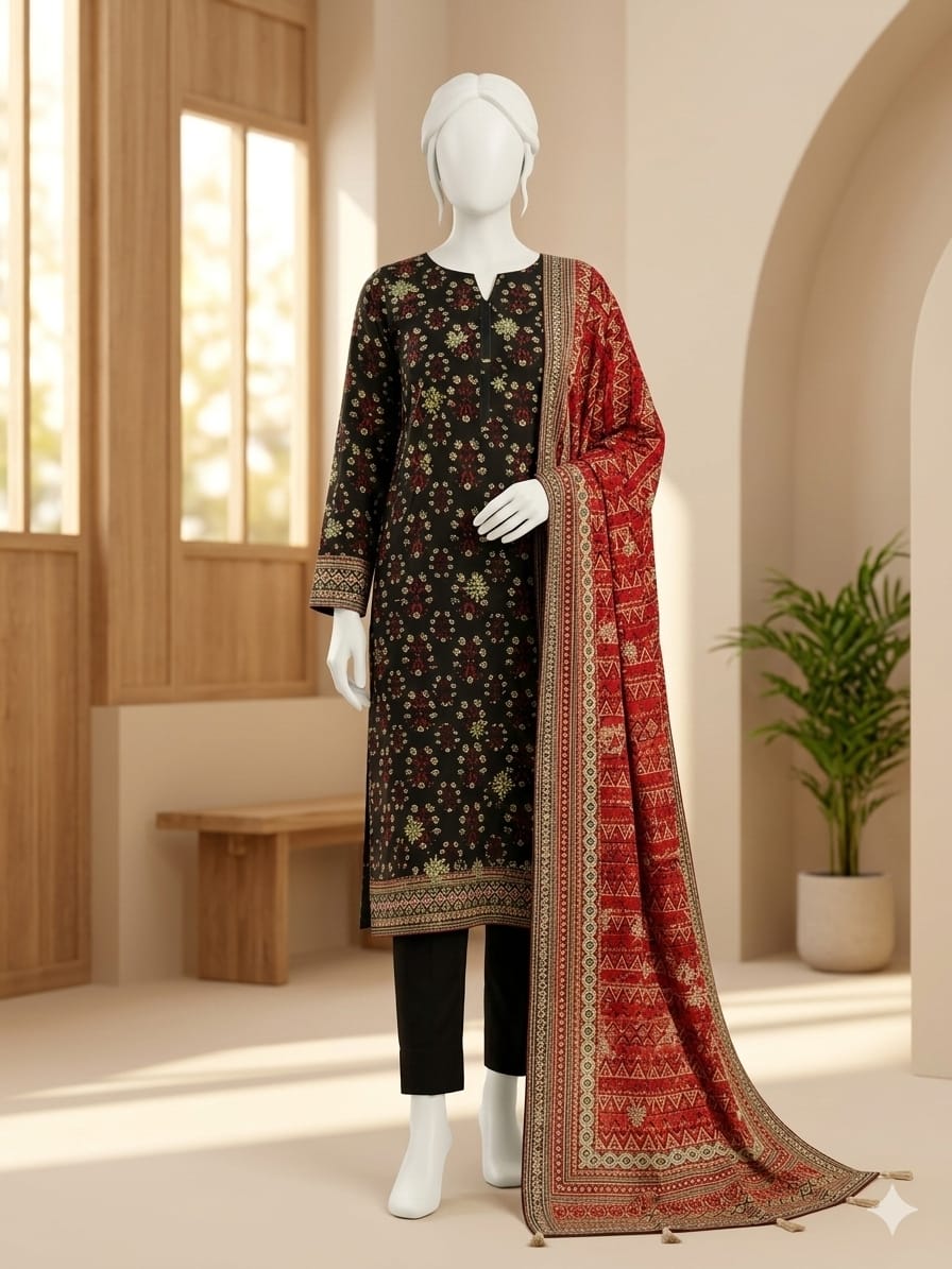 Mannequin wearing a black and red traditional outfit with a long scarf in a bright room.. 9693