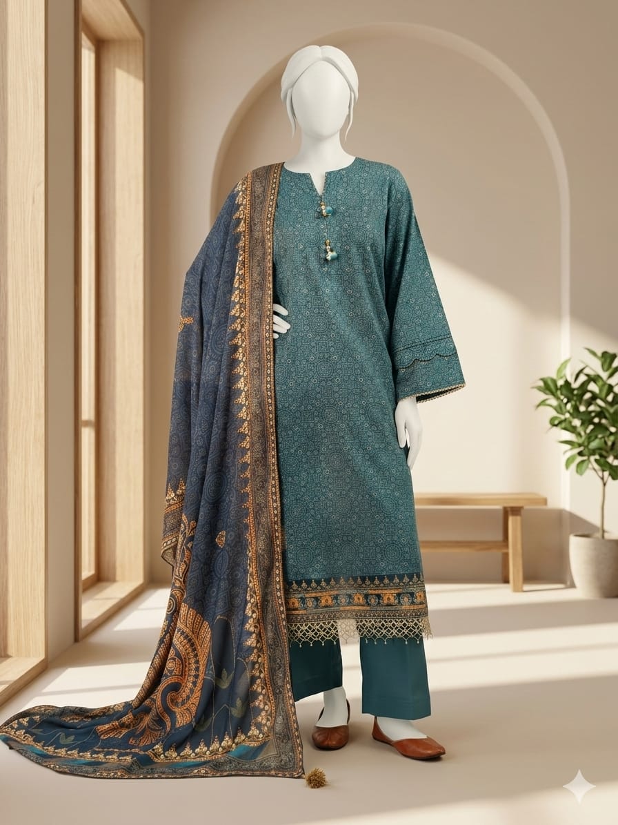 Teal traditional outfit with a matching dupatta on a mannequin against a neutral background