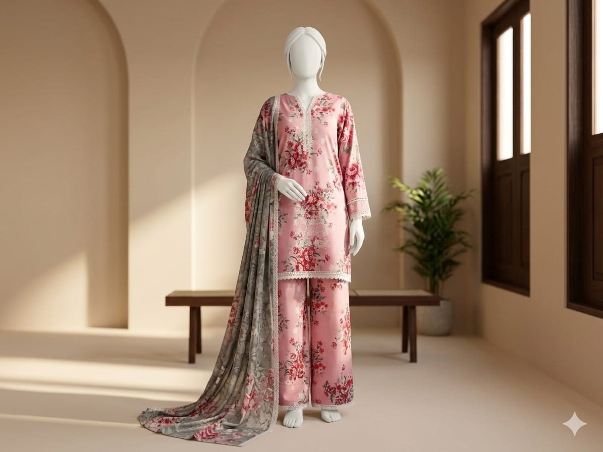 Mannequin wearing a floral outfit in a softly lit room with a plant and bench.