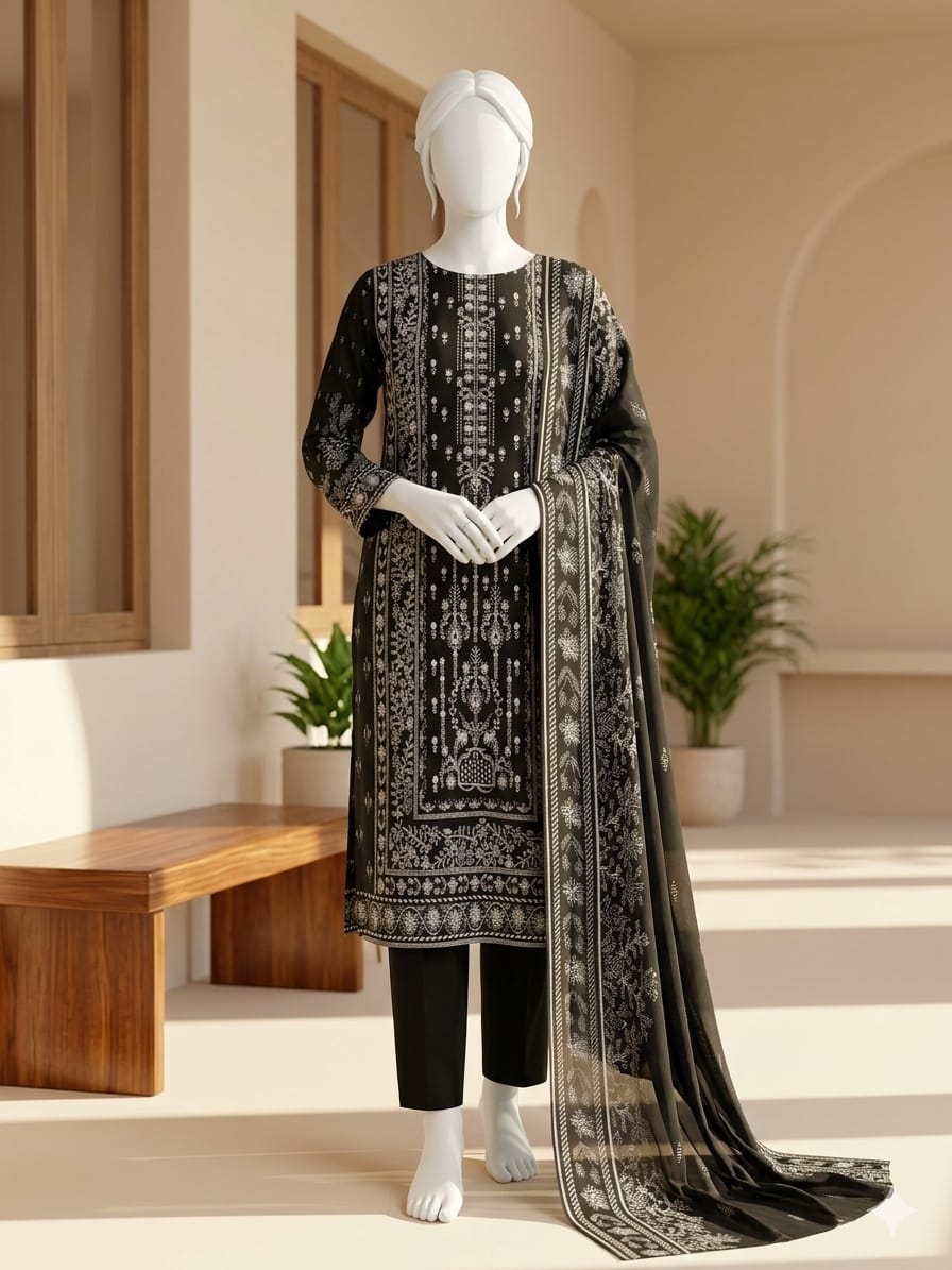 Mannequin wearing a black and white patterned outfit with a long scarf in a room with wooden furniture and plants.