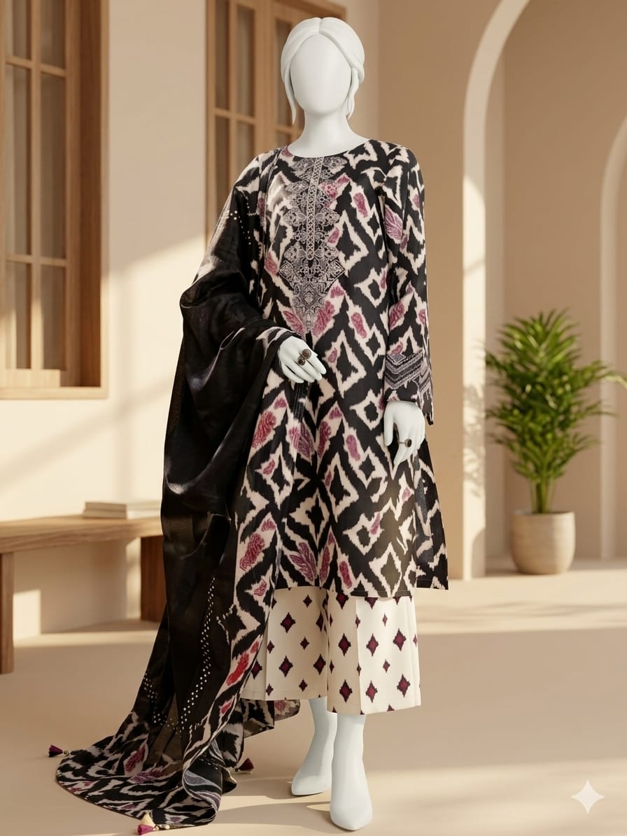 Mannequin wearing a patterned outfit in a bright room with a plant in the background