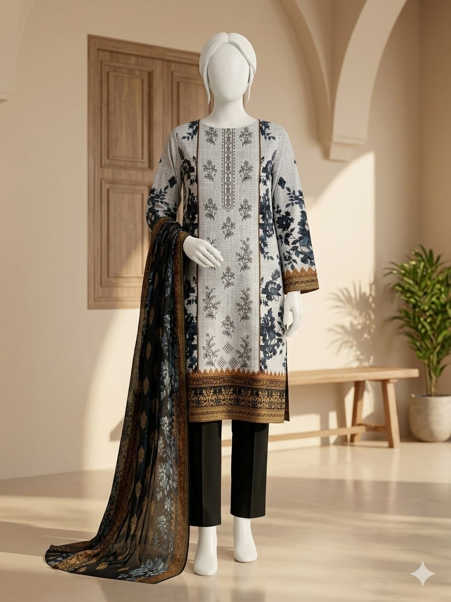 Mannequin wearing a traditional outfit with a floral pattern in a minimalistic room.