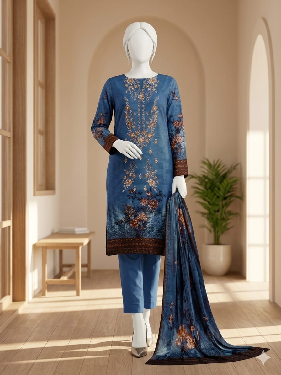 Mannequin wearing a blue embroidered outfit with a matching dupatta in a bright room.