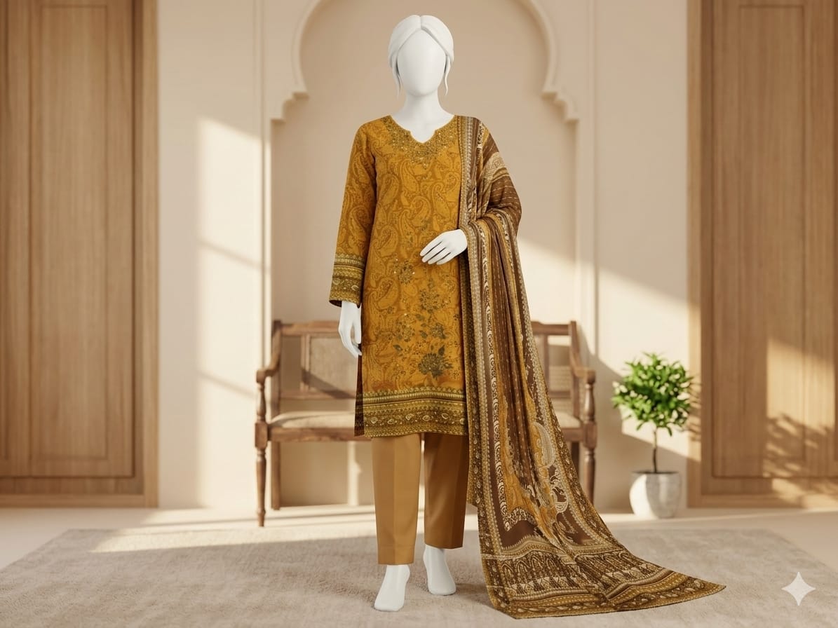 Mannequin wearing a mustard yellow dress with a patterned dupatta in a room with wooden doors and a plant.