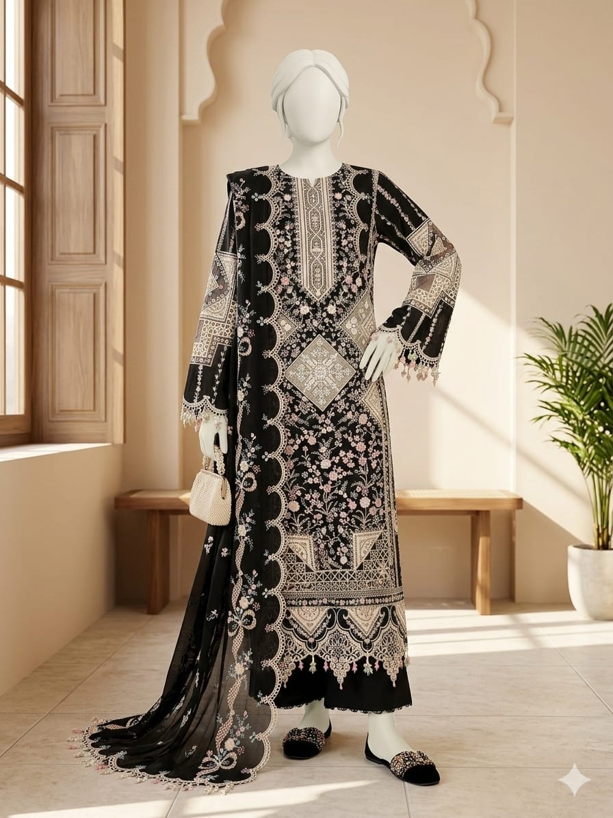 Mannequin wearing a black and white patterned dress in a bright room with a window and plant.