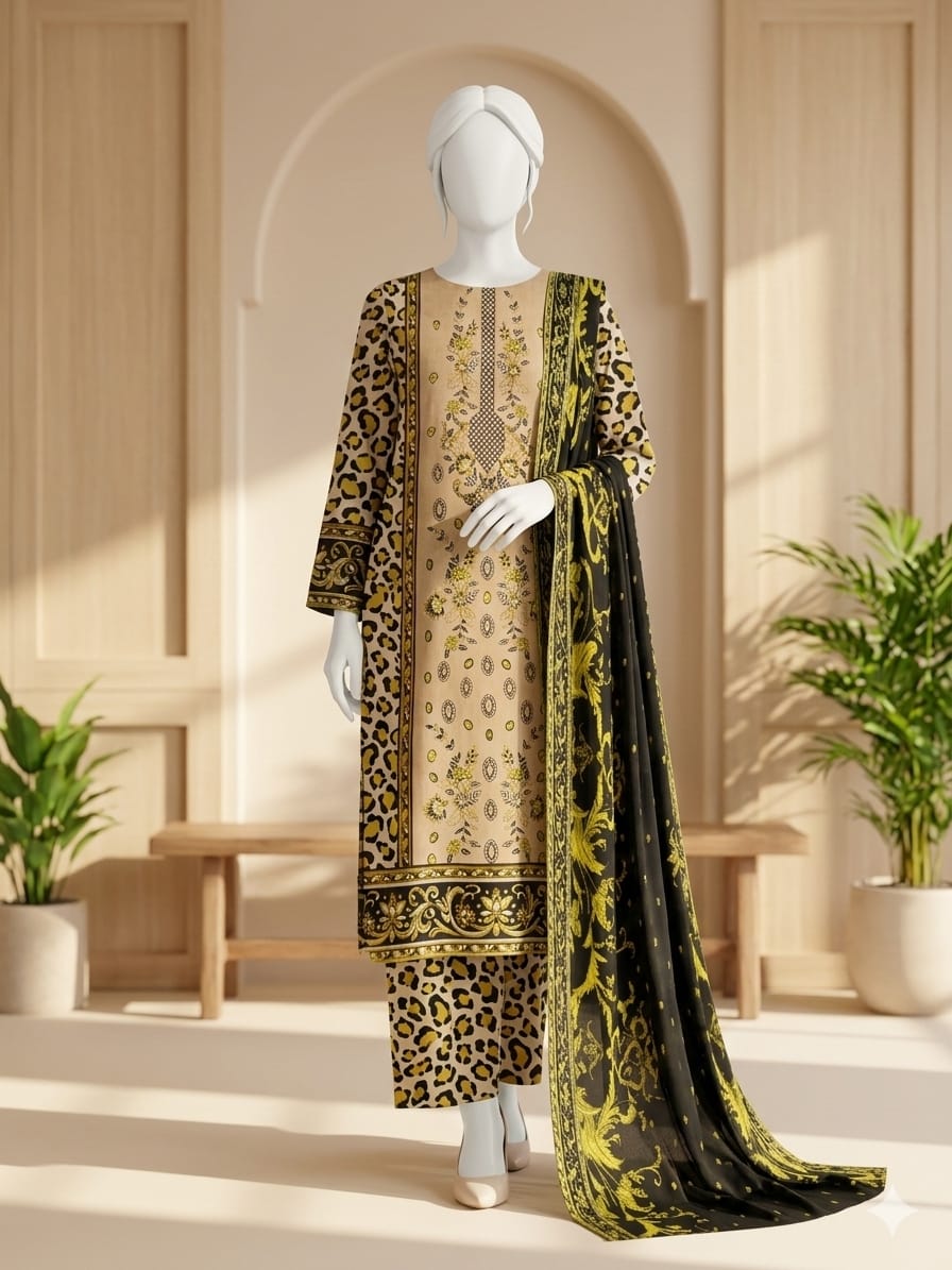 Mannequin wearing a green and black embroidered outfit with a sheer black dupatta in a well-lit room 9671