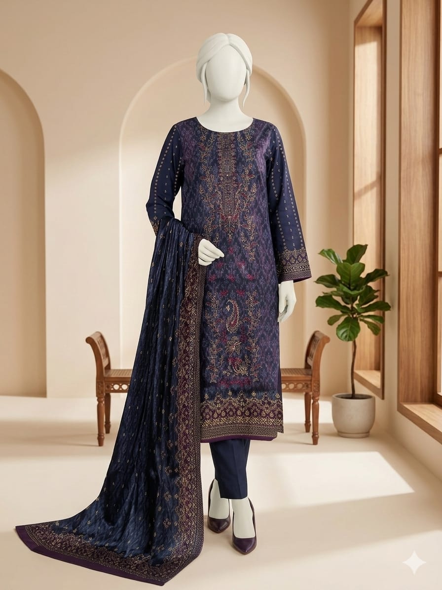 Mannequin wearing a navy blue embroidered outfit with a matching dupatta in a well-lit room.