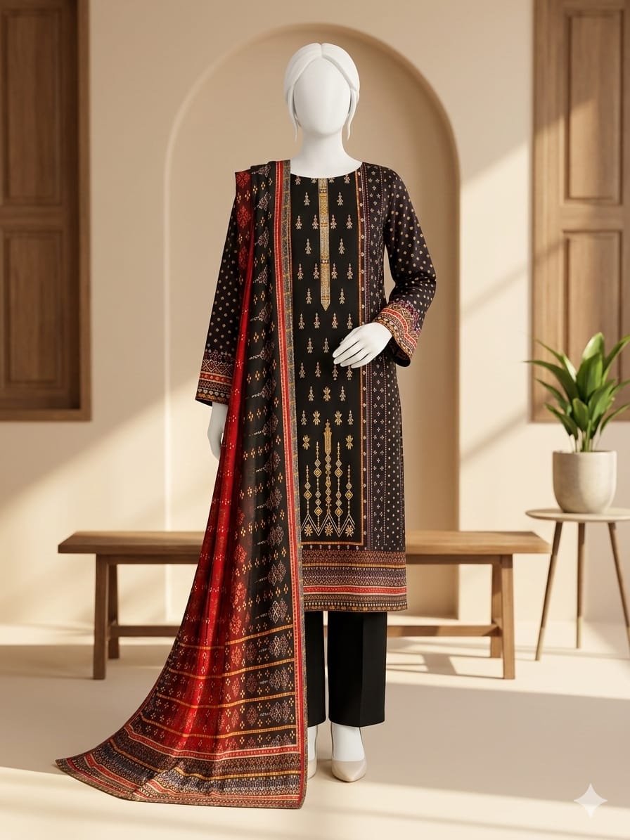 Mannequin wearing a black and red patterned dress in a bright room with wooden furniture and a plant.