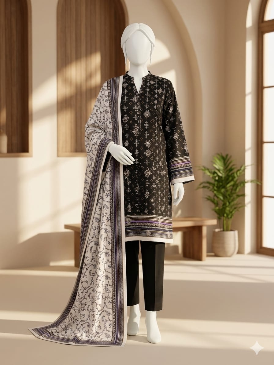 Mannequin wearing a black and white patterned outfit with a long scarf in a bright room.