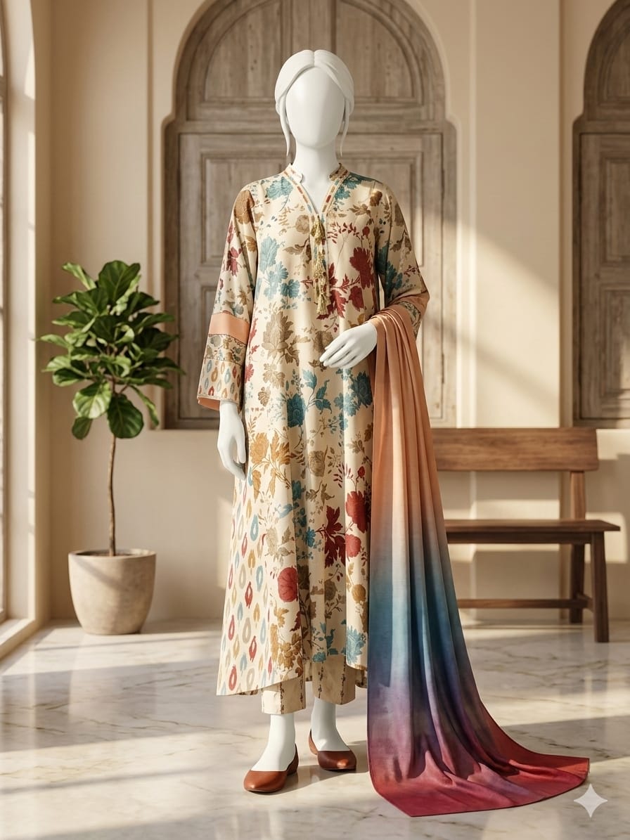 Mannequin wearing a floral dress with a long, colorful scarf in a room with wooden doors and a plant.