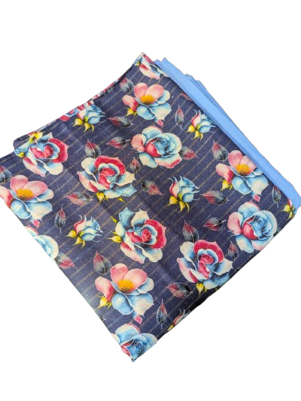 Linen Deep Navy Blue with Multicolor Floral Print 2p suit - pc-6104