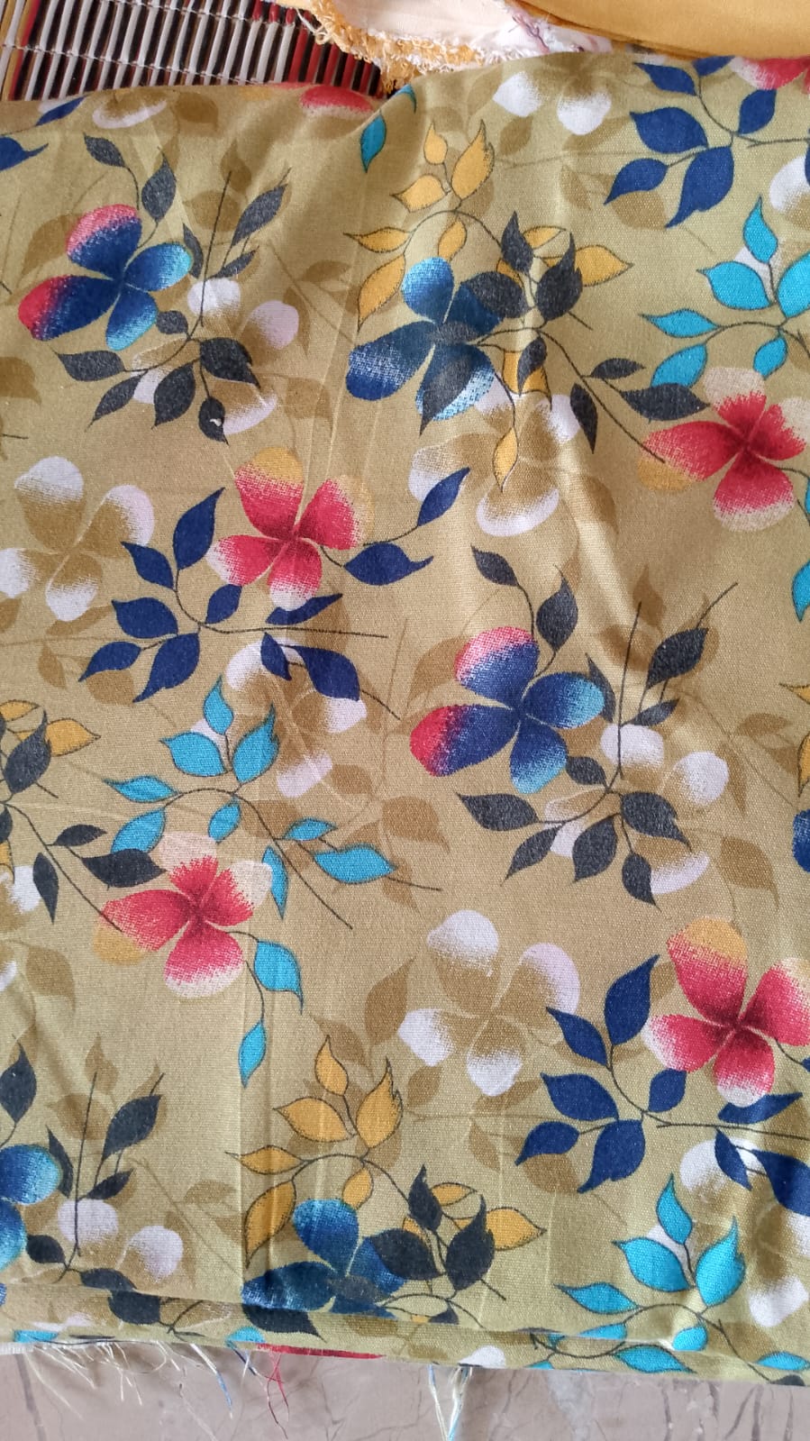Golden Beige Floral Fabric - Butterfly Leaf Print