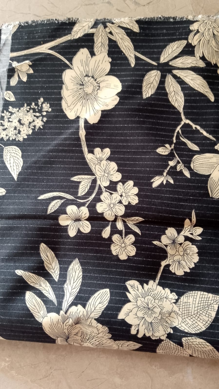 Black Cream Floral Sketch Fabric - Artistic Line Drawing