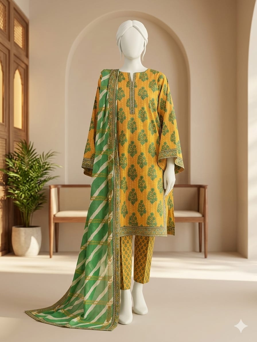 Lawn 3p Suit Fine Quality Allover Shirt Dyed Trouser with digital voil lawn dupatta 9543