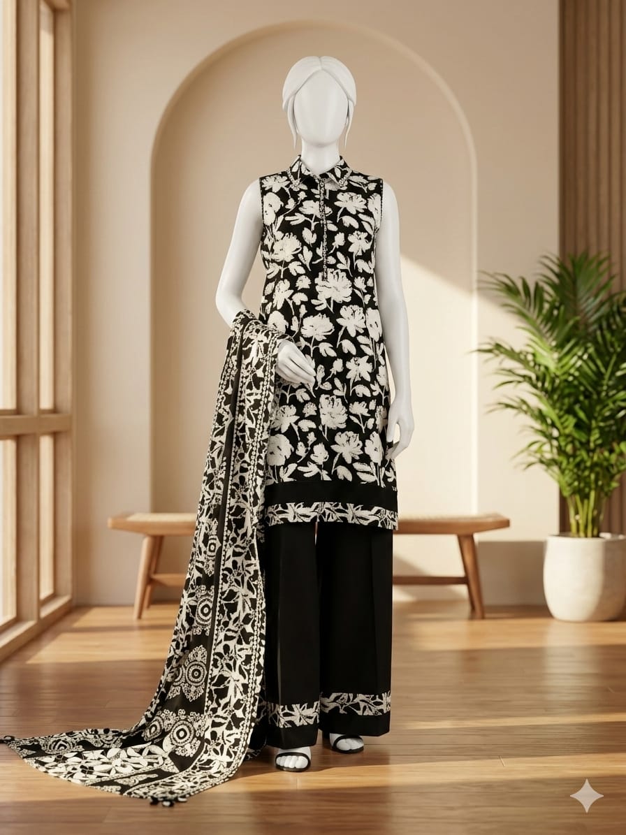 Lawn 3p Suit Fine Quality Allover Shirt Dyed Trouser with digital voil lawn dupatta 9514