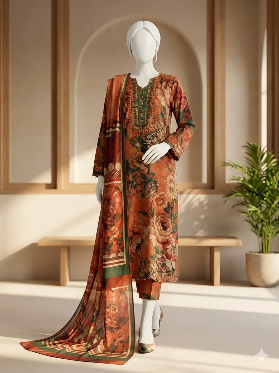 Lawn 3p Suit Allover Shirt Trouser with digital voil lawn dupatta 9521