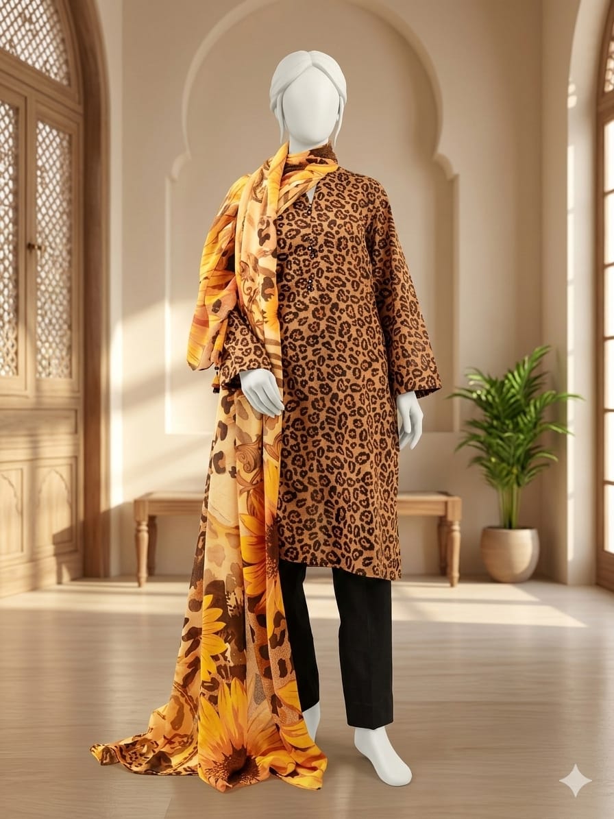 Lawn 3p Suit Fine Quality Allover Shirt Dyed Trouser with digital voil lawn dupatta 9508