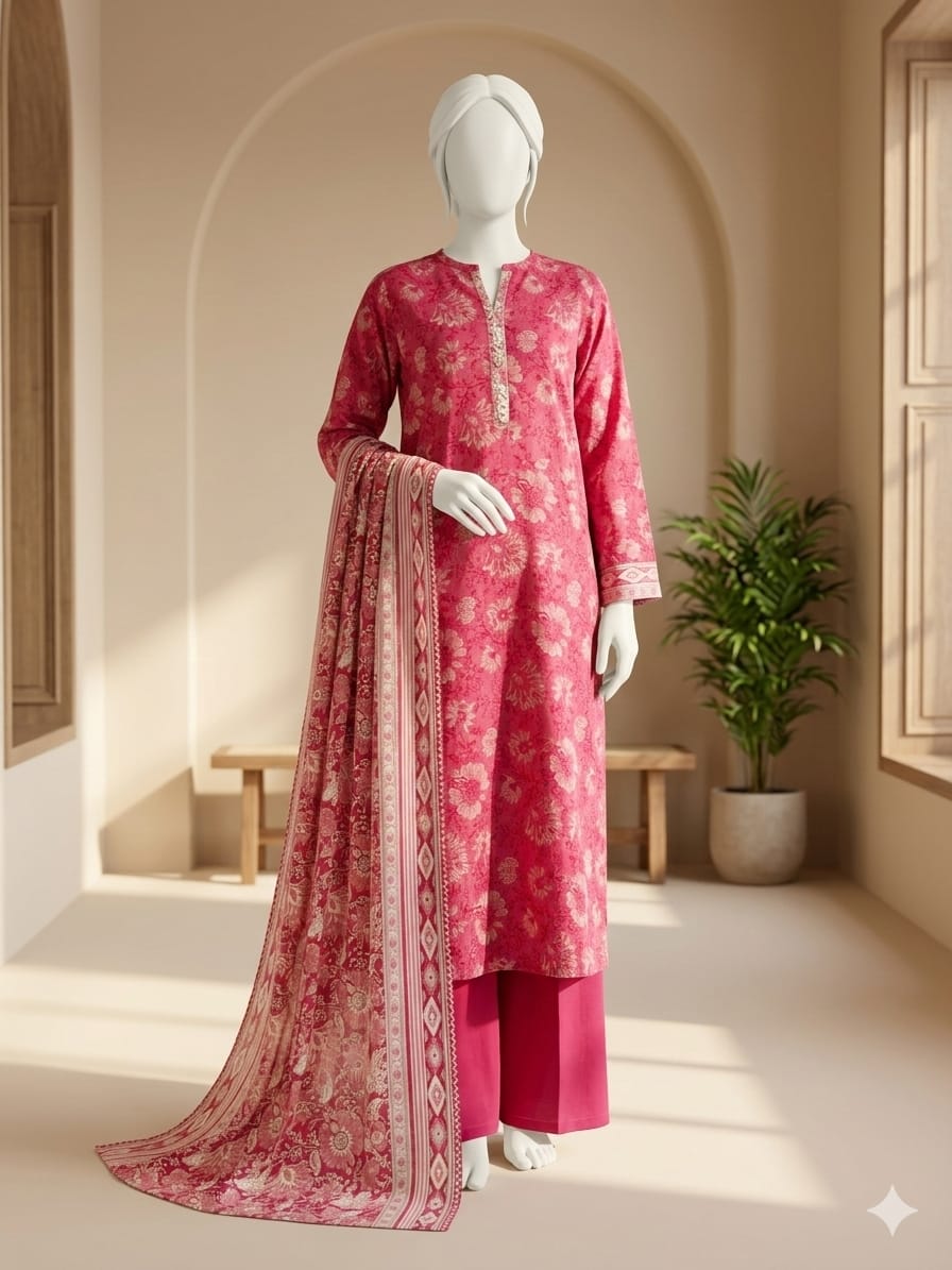 Lawn 3p Suit Fine Quality Allover Shirt Dyed Trouser with digital voil lawn dupatta 9506