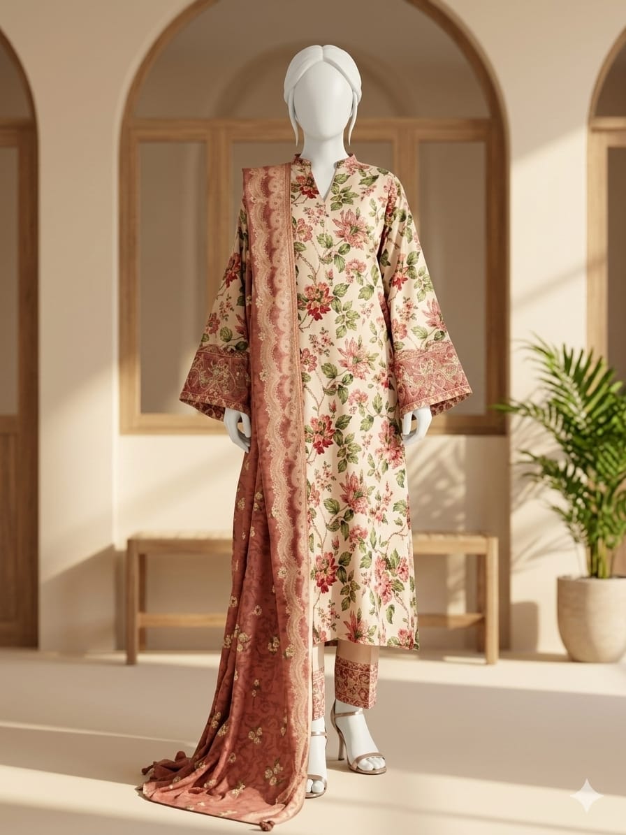 Lawn 3p Suit Fine Quality Allover Shirt Dyed Trouser with digital voil lawn dupatta 9542