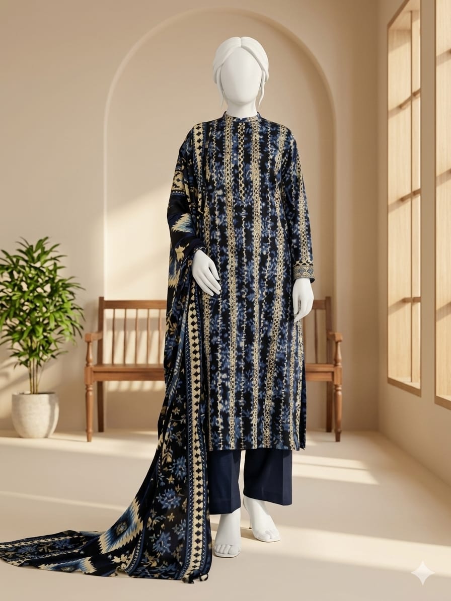 Lawn 3p Suit Fine Quality Allover Shirt Dyed Trouser with digital voil lawn dupatta 9511