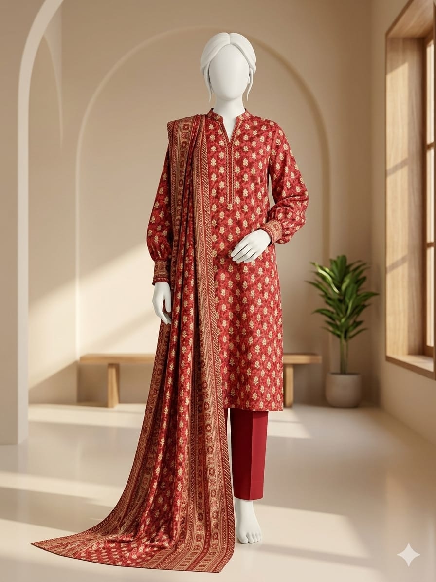 Lawn 3p Suit Fine Quality Allover Shirt Dyed Trouser with digital voil lawn dupatta 9512