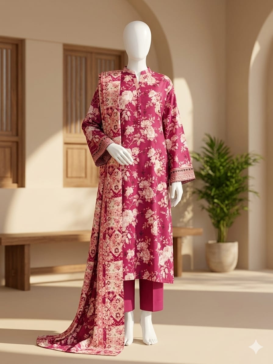 Lawn 3p Suit Fine Quality Allover Shirt Dyed Trouser with digital voil lawn dupatta 9513