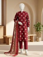 Lawn 3p Suit Fine Quality Allover Shirt Dyed Trouser with digital voil lawn dupatta 9540