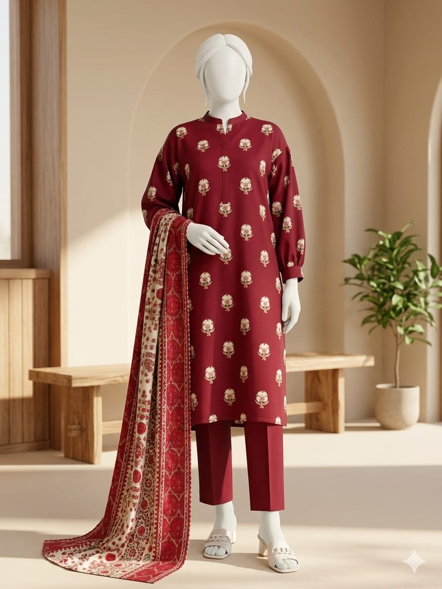 Lawn 3p Suit Fine Quality Allover Shirt Dyed Trouser with digital voil lawn dupatta 9540