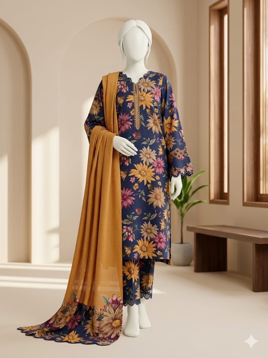 Lawn 3p Suit Allover Shirt Trouser with digital voil lawn dupatta 9524