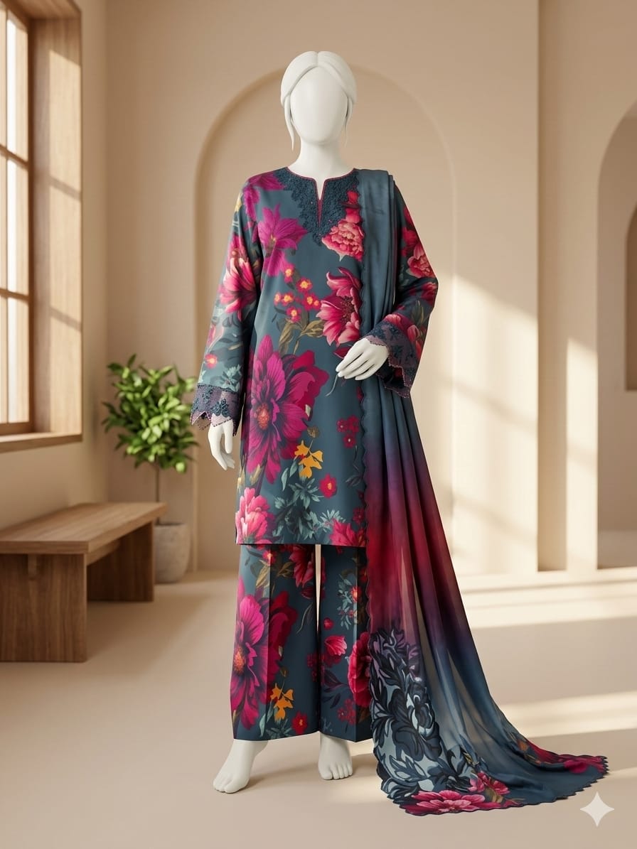 Lawn 3p Suit Allover Shirt Trouser with digital voil lawn dupatta 9520