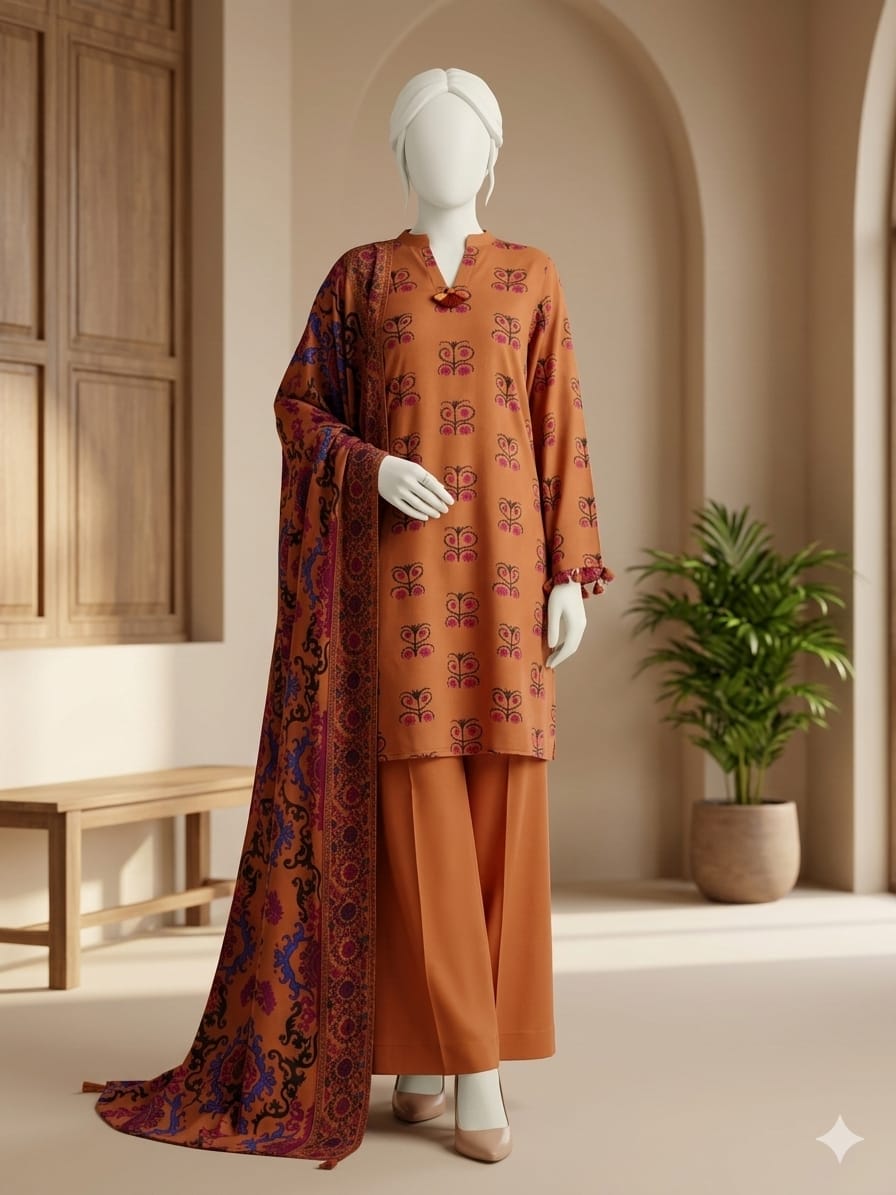 Lawn 3p Suit Fine Quality Allover Shirt Dyed Trouser with digital voil lawn dupatta 9539