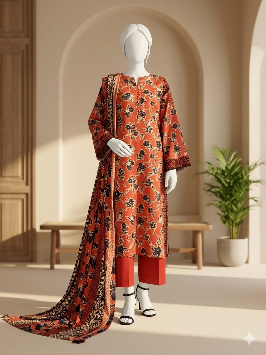 Lawn 3p Suit Fine Quality Allover Shirt Dyed Trouser with digital voil lawn dupatta 9505