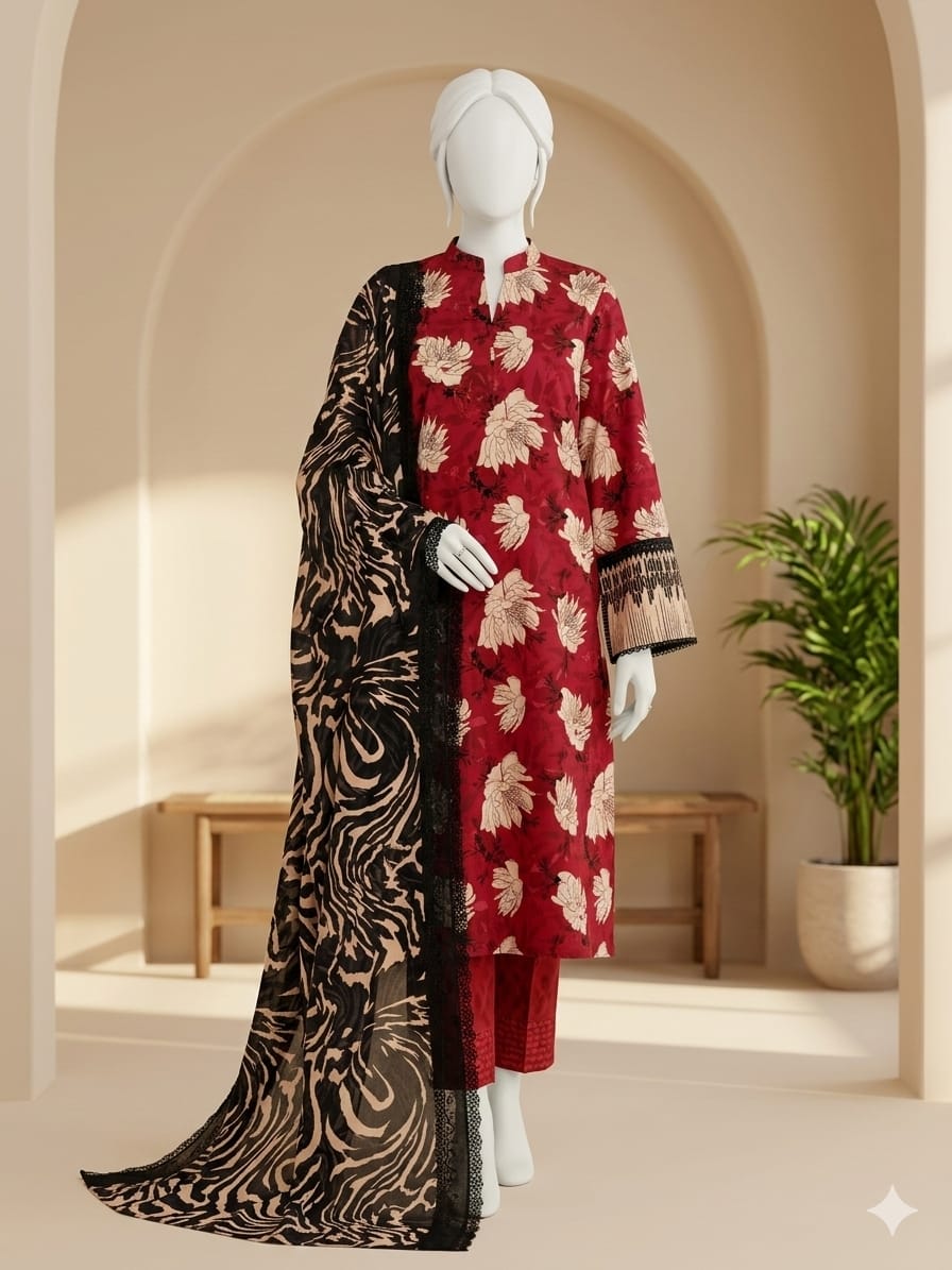 Lawn 3p Suit Fine Quality Allover Shirt Dyed Trouser with digital voil lawn dupatta 9541