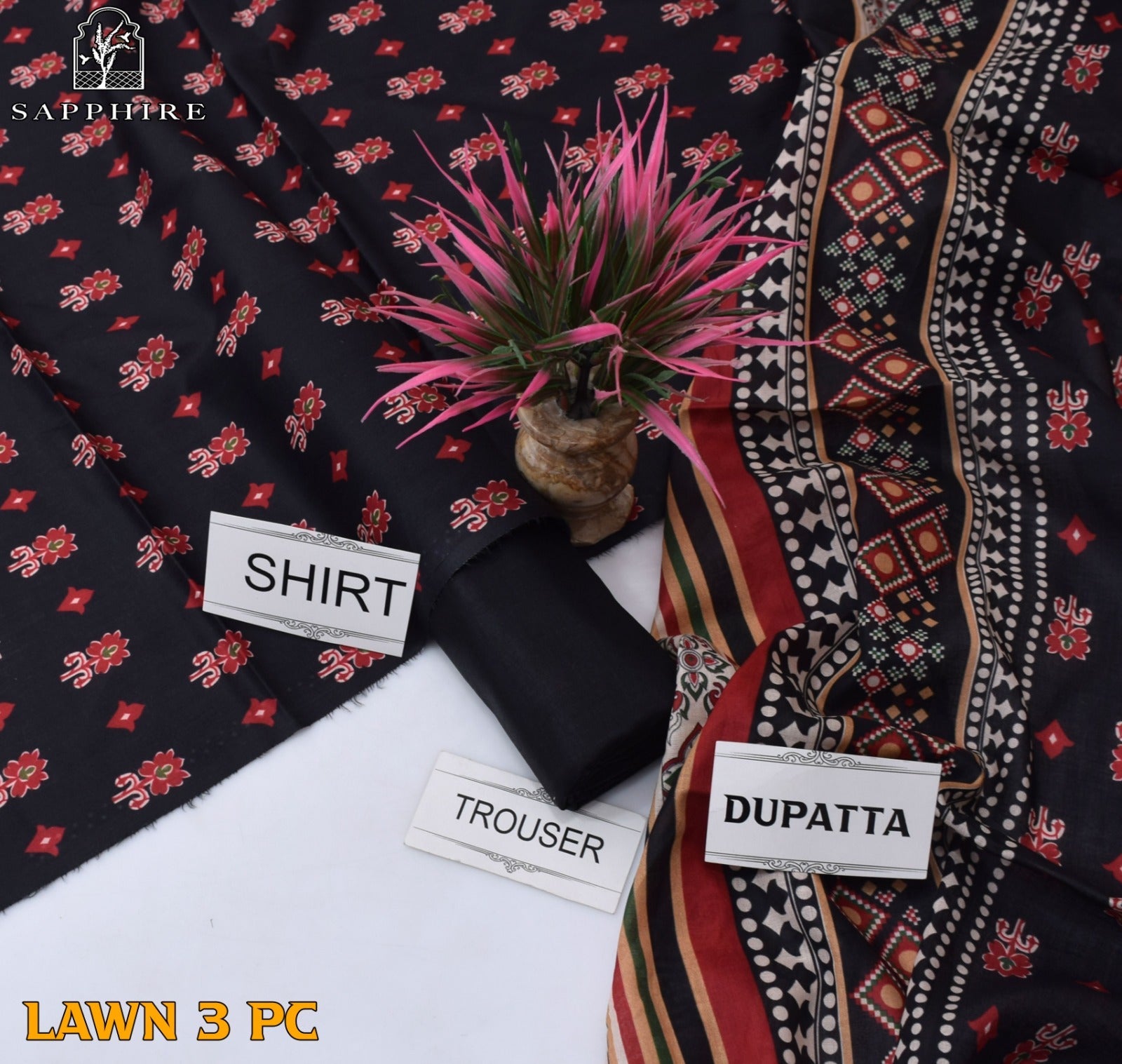 Lawn 3p Suit Fine Quality Allover Shirt Dyed Trouser with digital voil lawn dupatta 9509