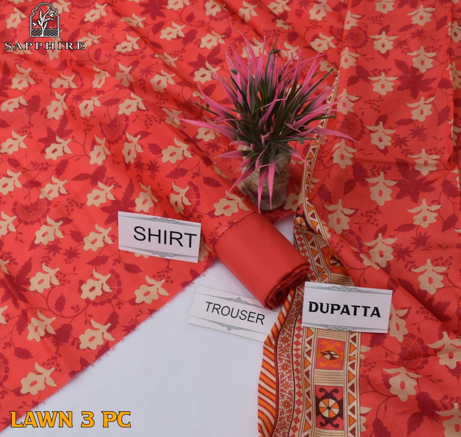 Lawn 3p Suit Fine Quality Allover Shirt Dyed Trouser with digital voil lawn dupatta 9512