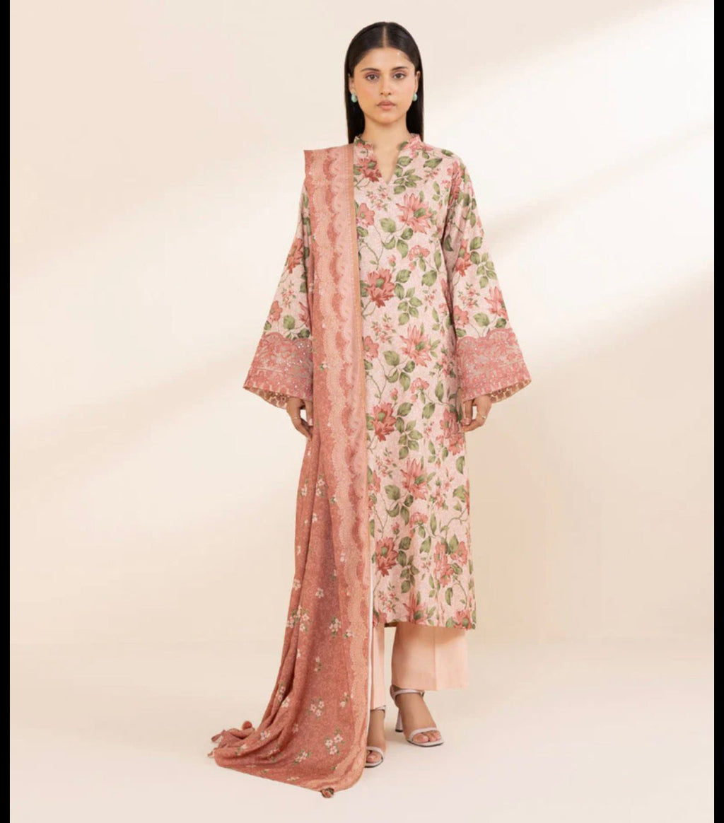 Lawn 3p Suit Fine Quality Allover Shirt Dyed Trouser with digital voil lawn dupatta 9542