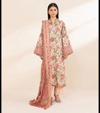 Lawn 3p Suit Fine Quality Allover Shirt Dyed Trouser with digital voil lawn dupatta 9542