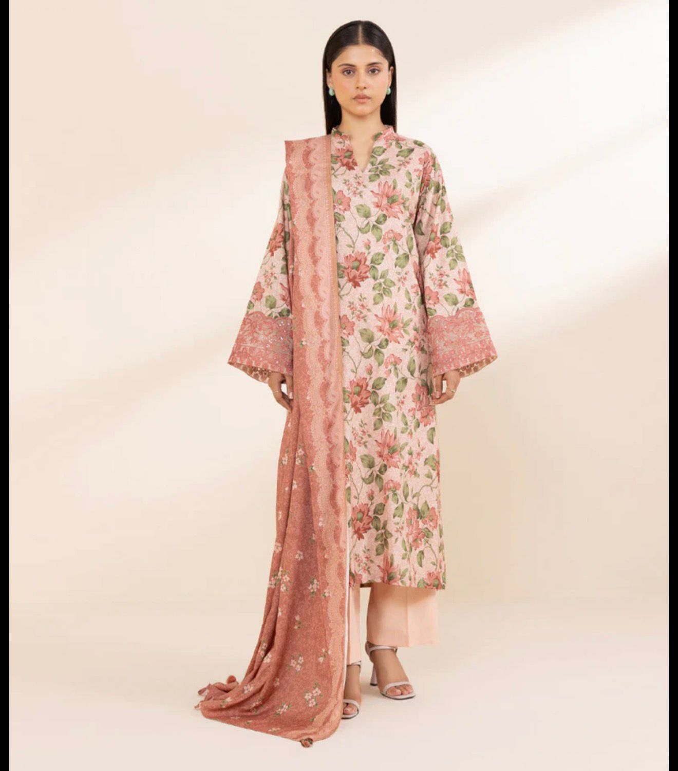 Lawn 3p Suit Fine Quality Allover Shirt Dyed Trouser with digital voil lawn dupatta 9542