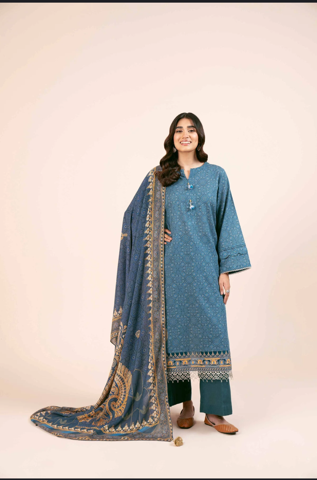 Lawn 3p Suit Fine Quality Allover Shirt Dyed Trouser with digital voil lawn dupatta 9502