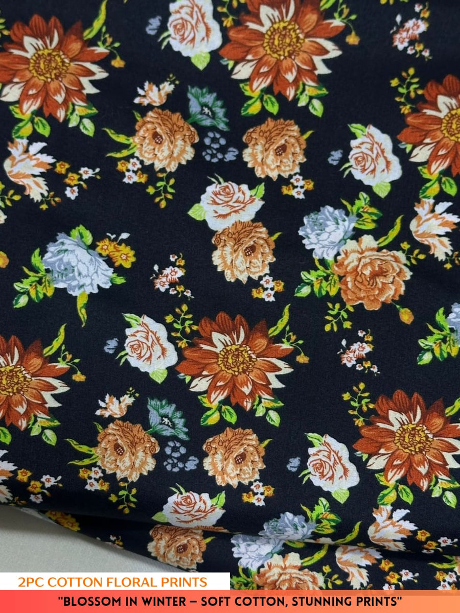 Floral patterned fabric with colorful flowers on a dark background