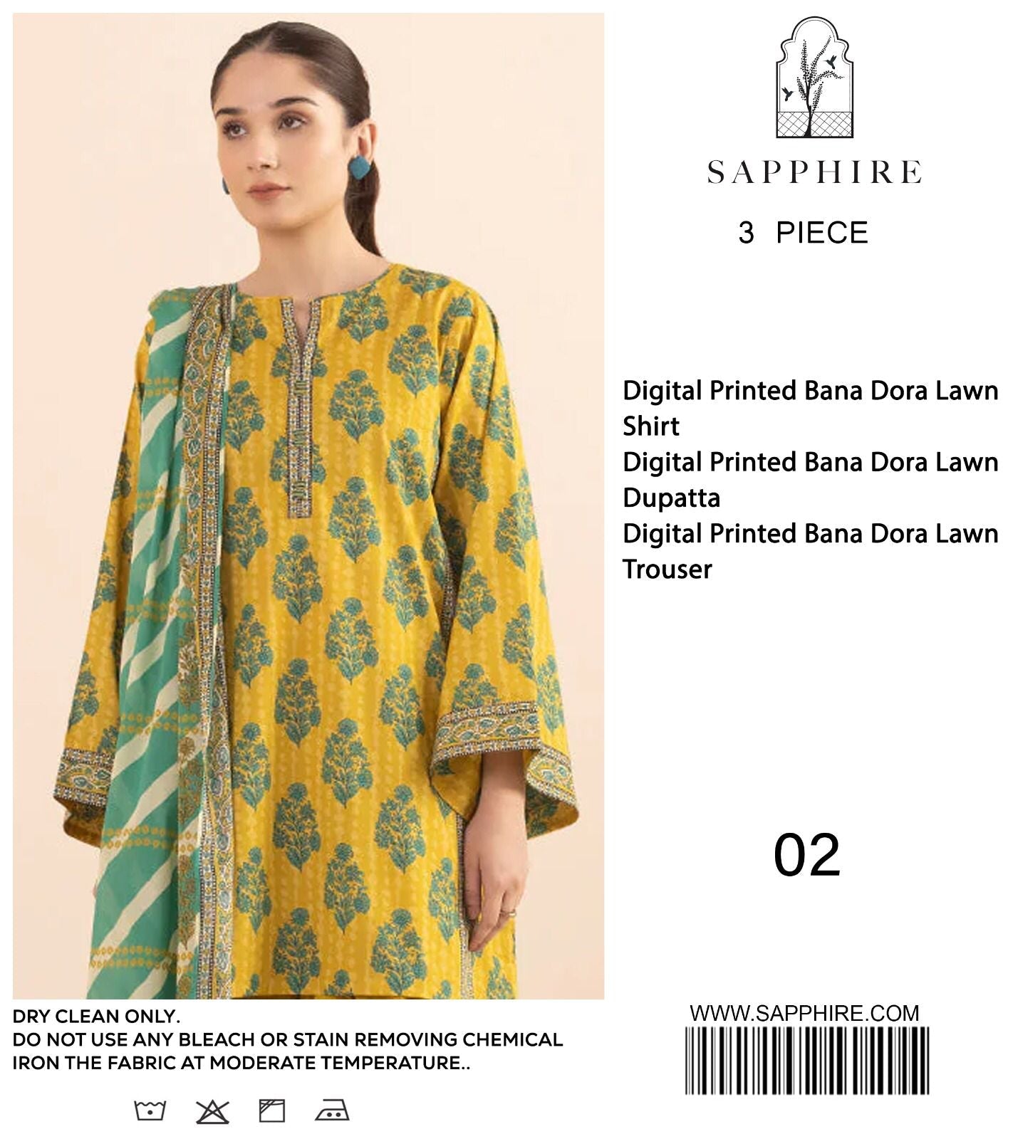 Lawn 3p Suit Fine Quality Allover Shirt Dyed Trouser with digital voil lawn dupatta 9543