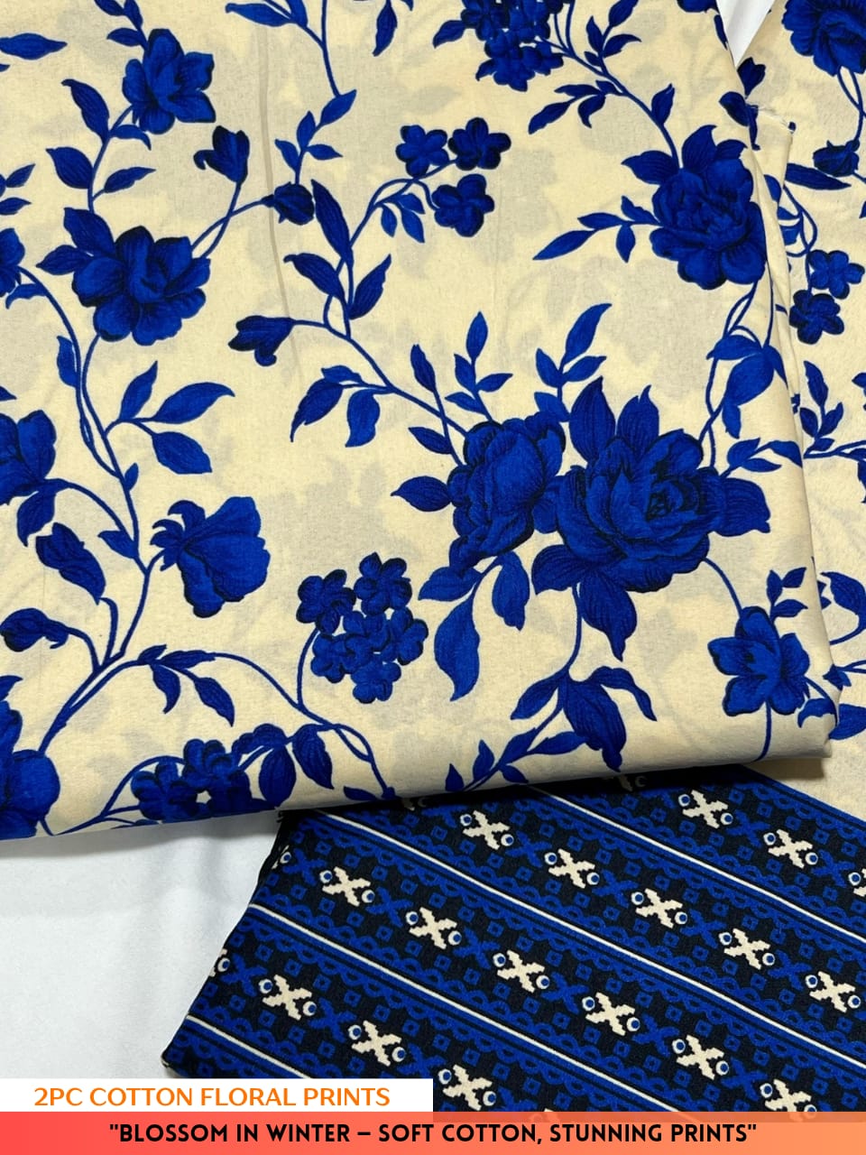 Cotton fabric with blue floral pattern on a beige background