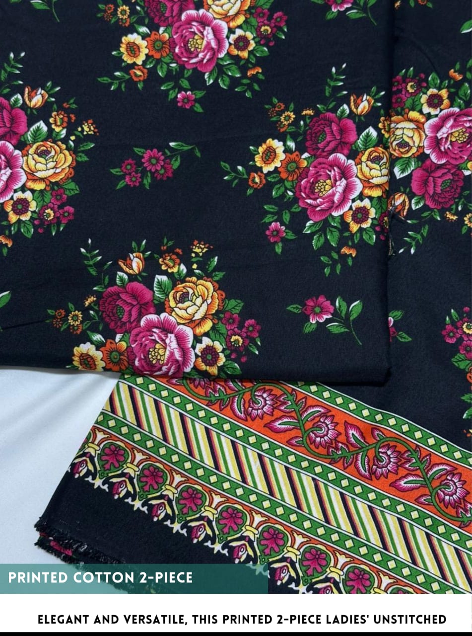 Floral embroidered fabric on a black background with colorful border